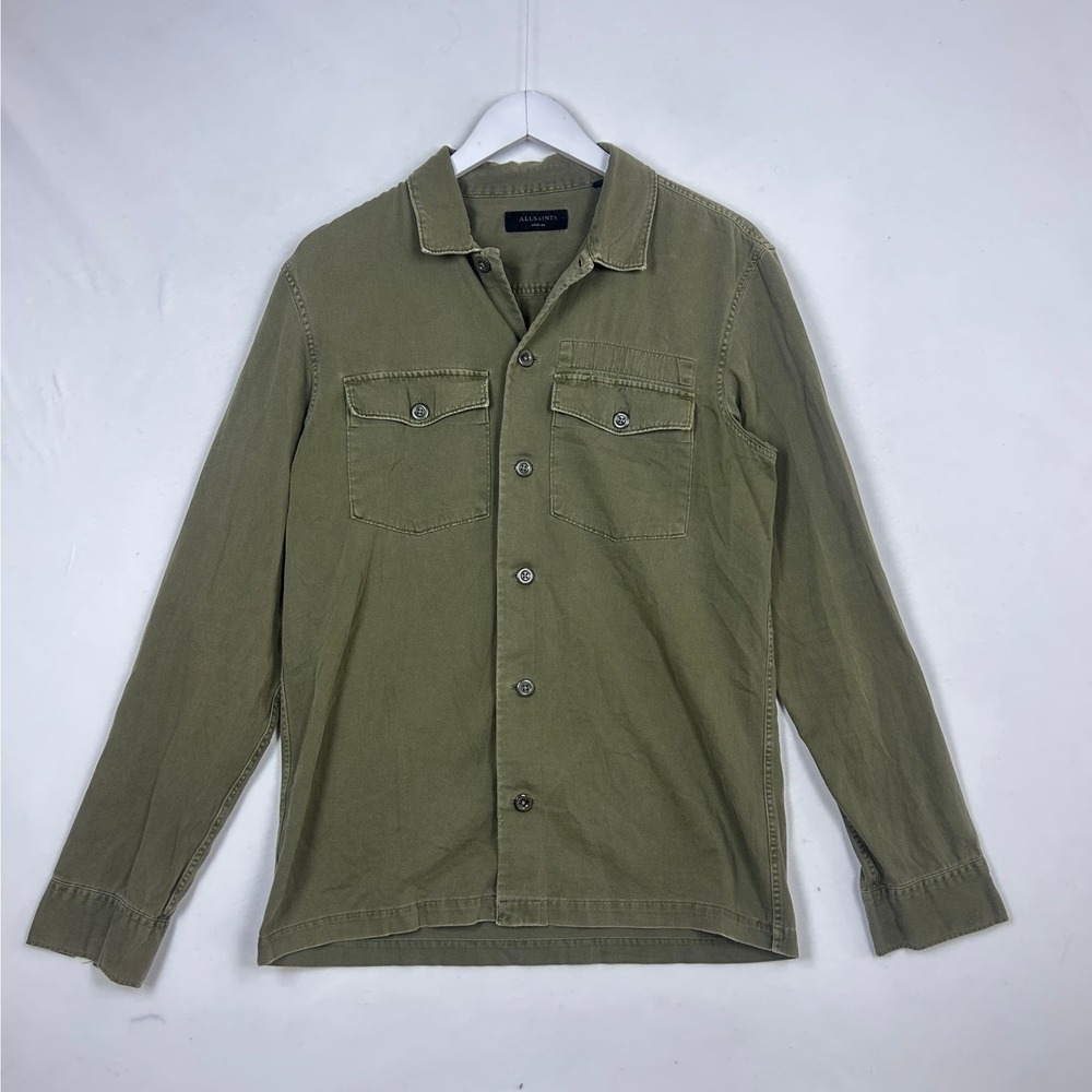 AllSaints Mens Olive Green Cotton Twill Long Sleeve Button Down Shirt Medium